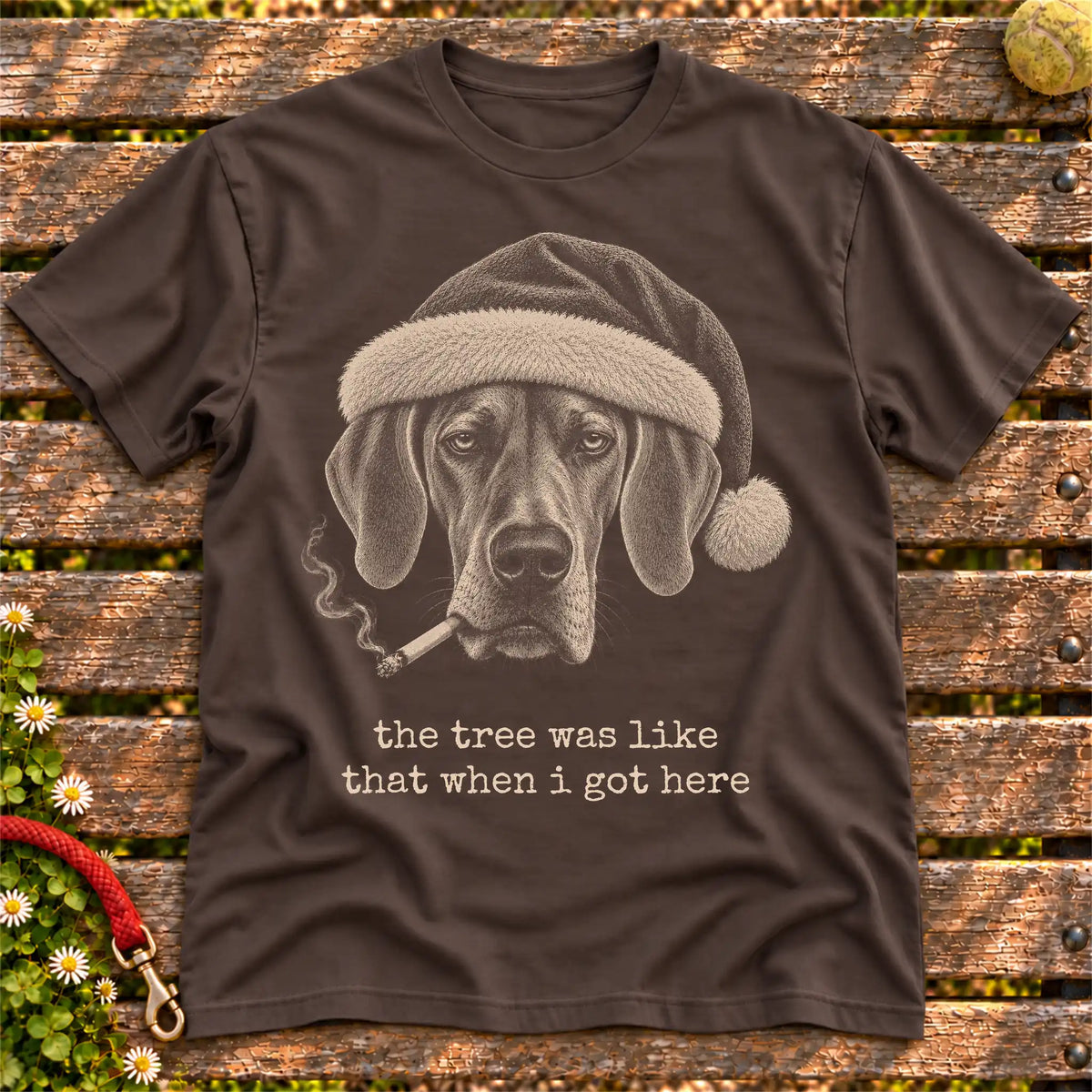 Great Dane wearing a Santa hat and smoking on a Dark Chocolate T-shirt