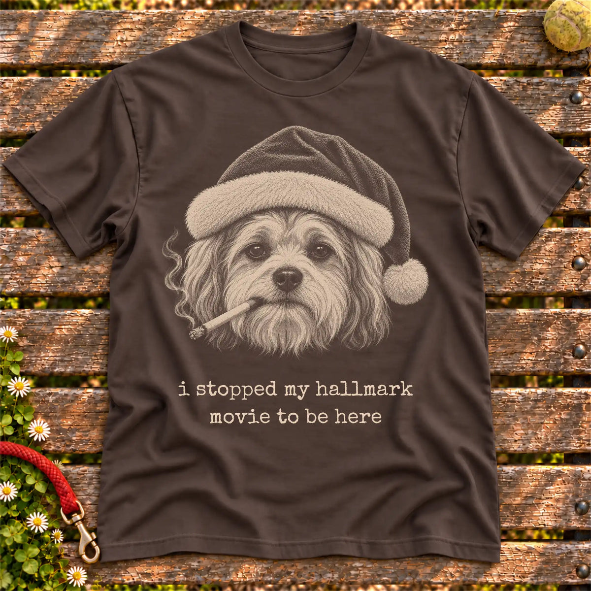 Havanese wearing a Santa hat and smoking on a Dark Chocolate T-shirt