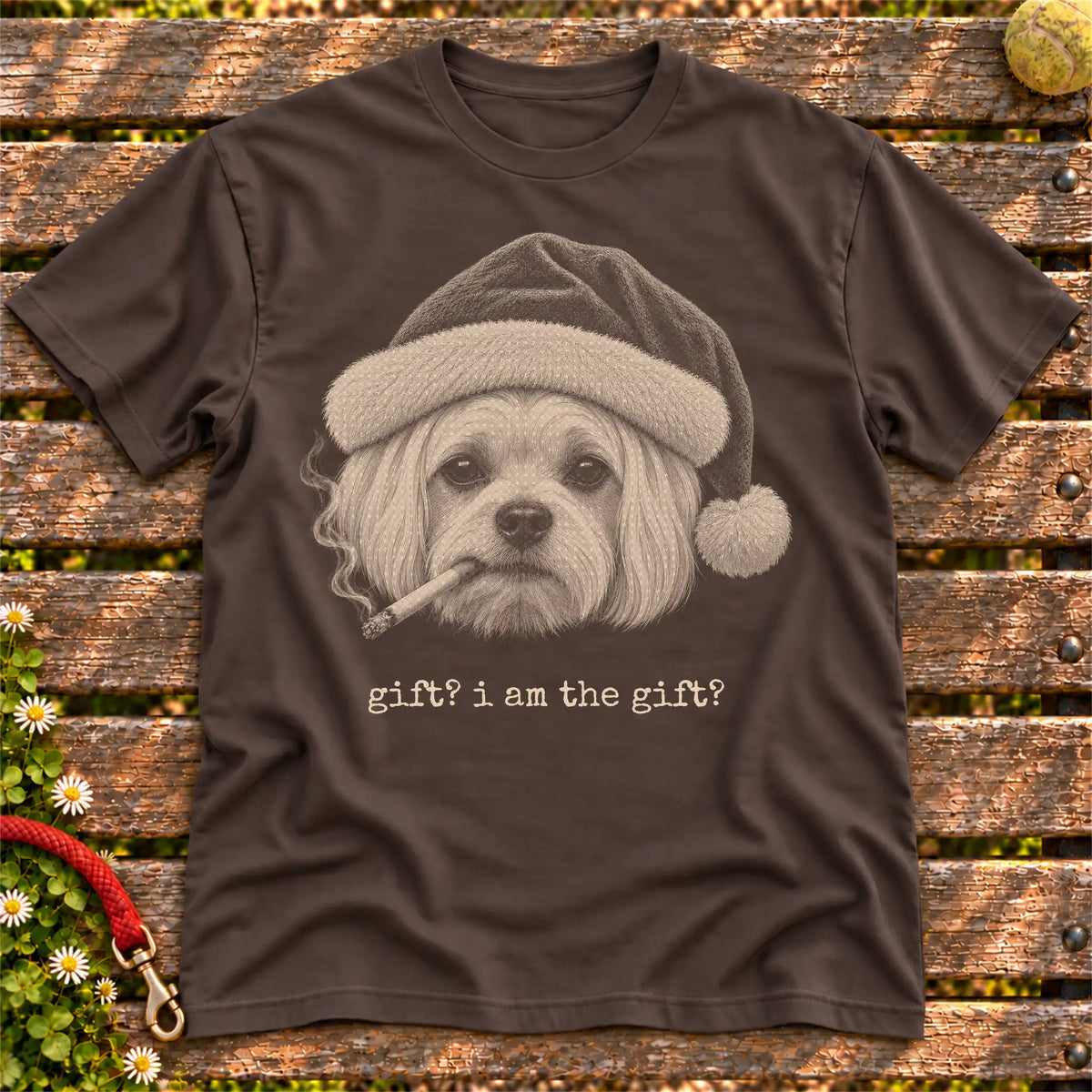 Maltese wearing a Santa hat and smoking on a Dark Chocolate T-shirt
