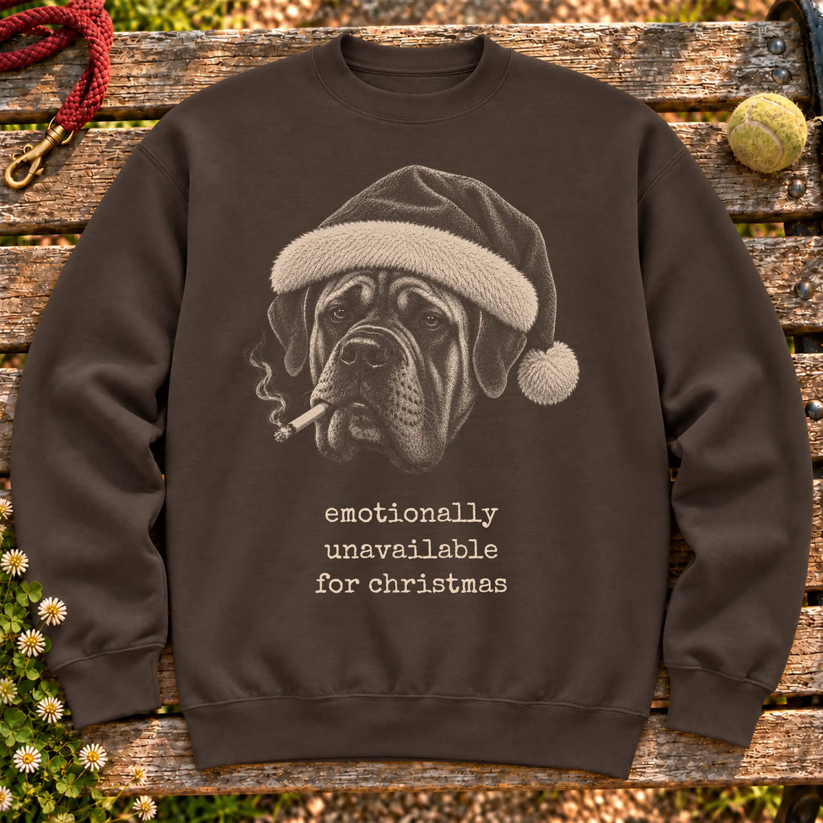 Mastiff wearing a Santa hat and smoking on a Dark Chocolate sweatshirt