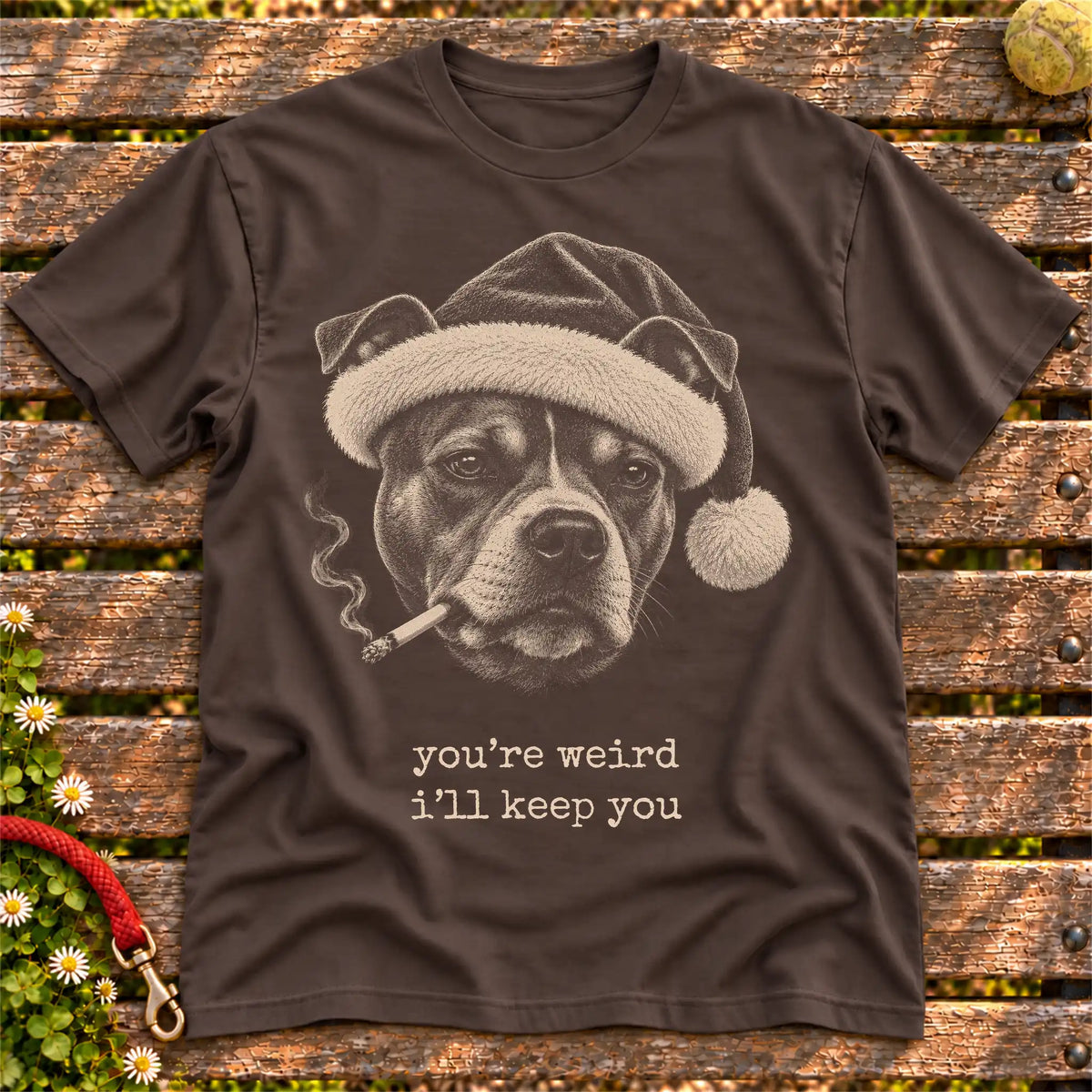 Pitbull wearing a Santa hat and smoking on a Dark Chocolate T-shirt