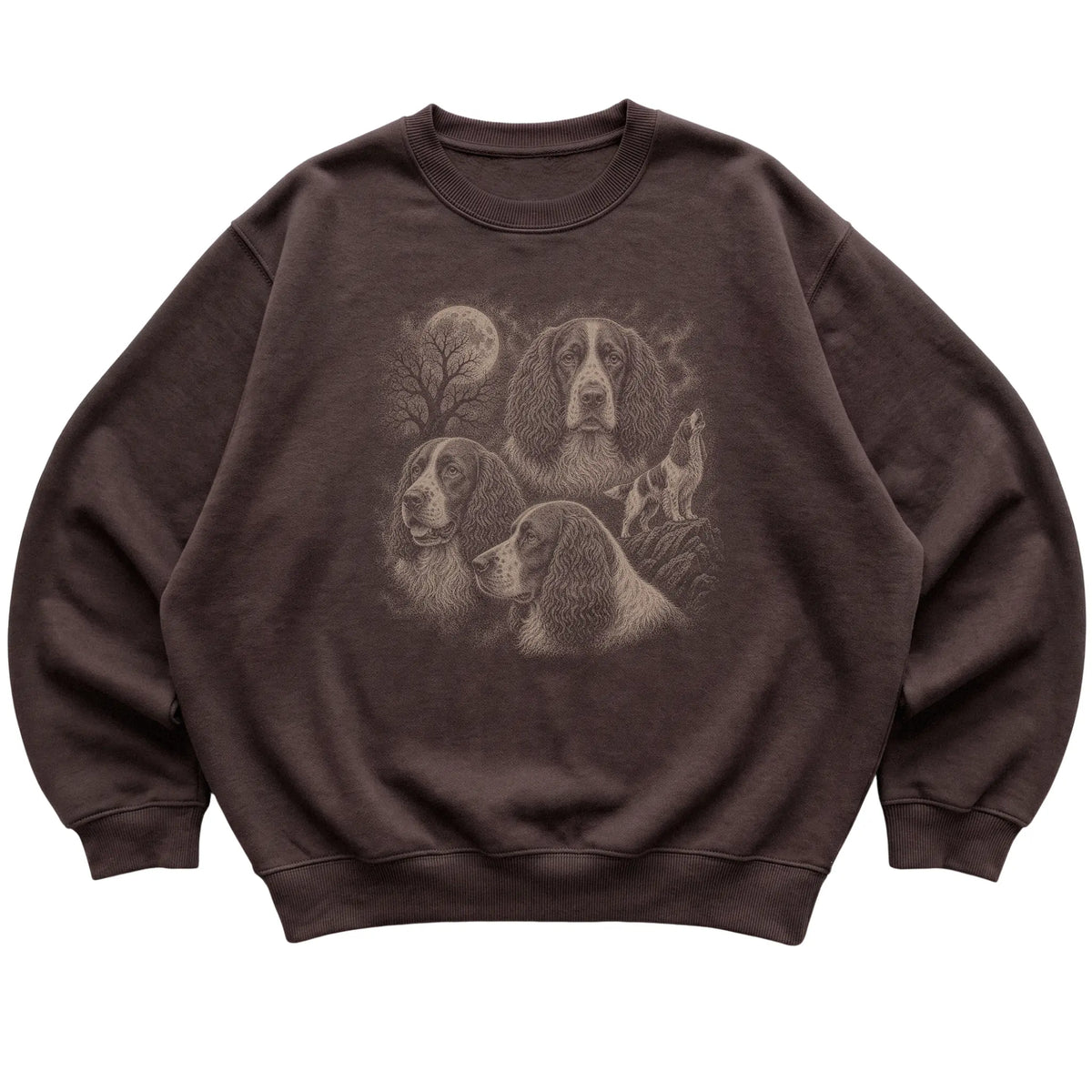 Springer Spaniel 90s Moon Sweatshirt in Dark Chocolate — flat lay