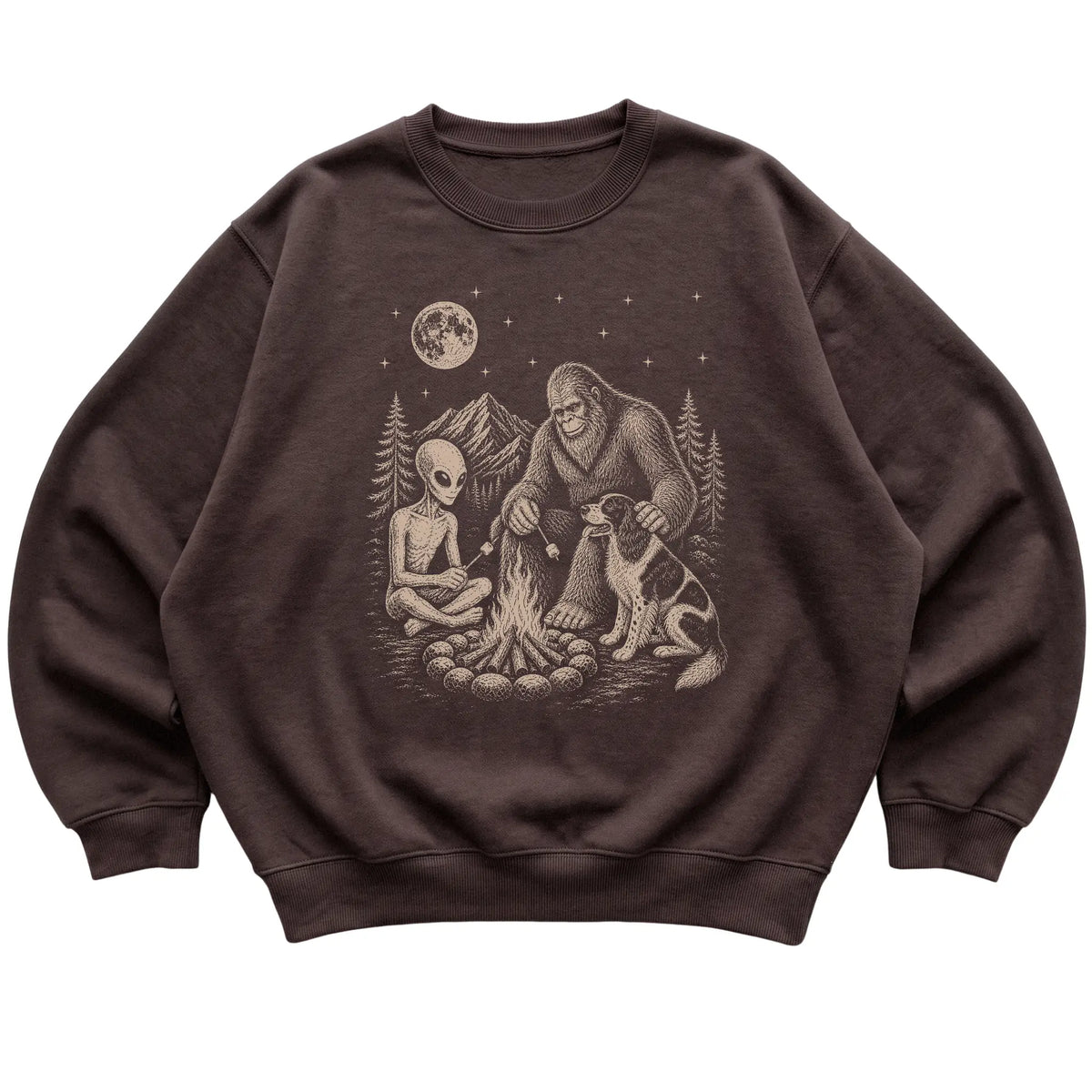 Dark Chocolate Springer Spaniel Camping with Bigfoot and Alien shirt laid flat