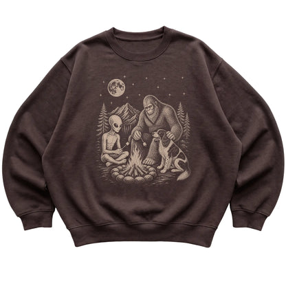 Dark Chocolate Springer Spaniel Camping with Bigfoot and Alien shirt laid flat