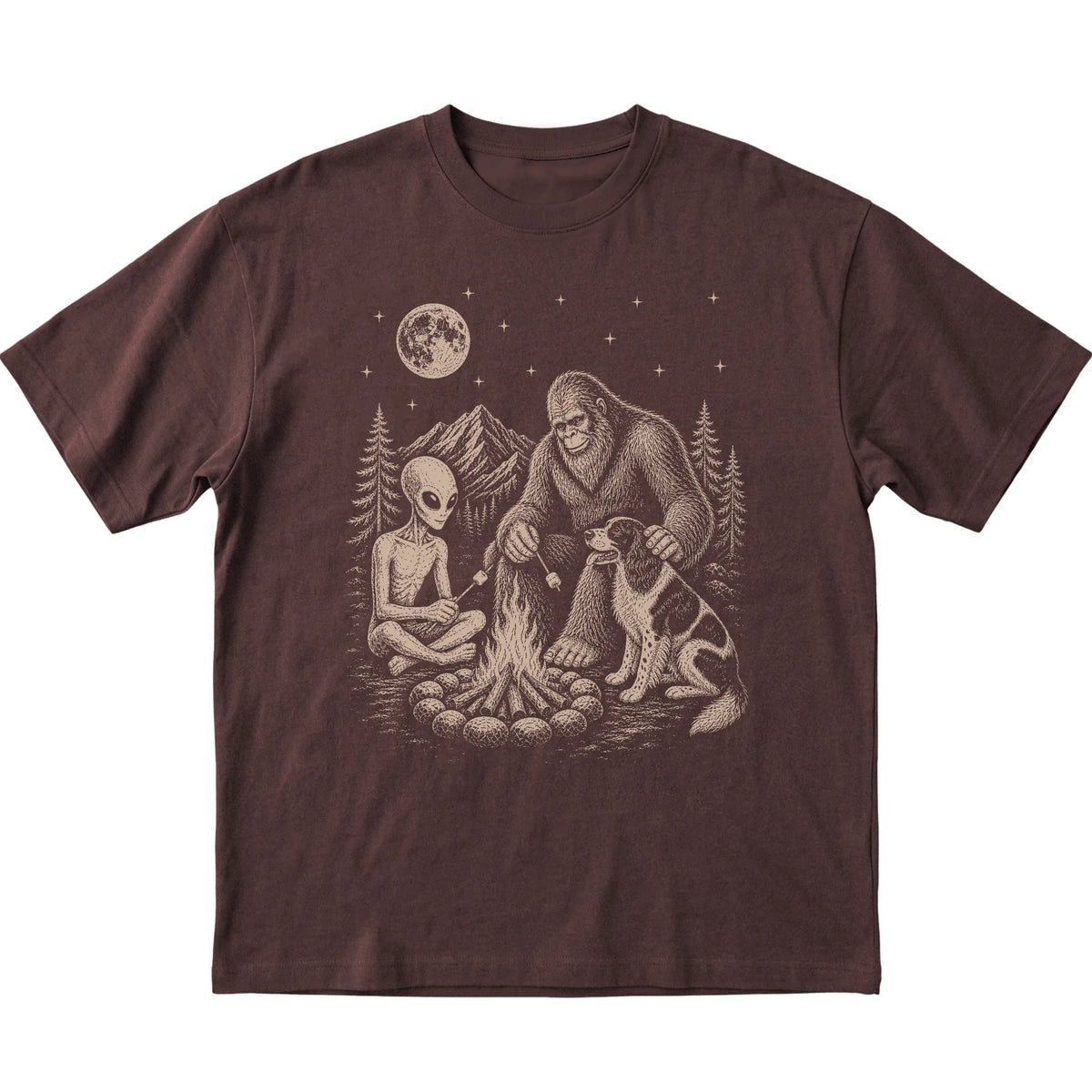 Dark Chocolate Springer Spaniel Camping with Bigfoot and Alien shirt laid flat