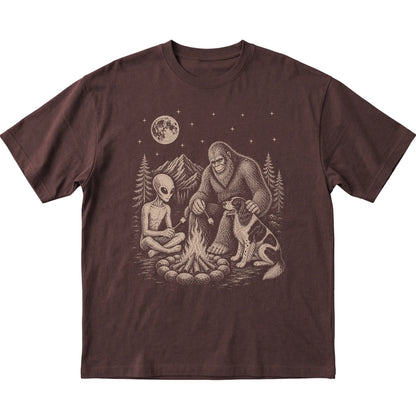 Dark Chocolate Springer Spaniel Camping with Bigfoot and Alien shirt laid flat