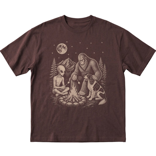 Dark Chocolate Springer Spaniel Camping with Bigfoot and Alien shirt laid flat