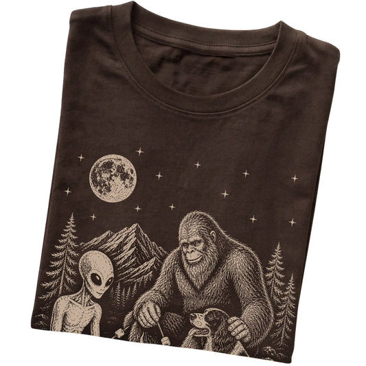 Dark Chocolate Springer Spaniel Camping with Bigfoot and Alien folded detail view