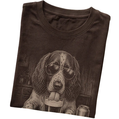 Dark Chocolate Springer Spaniel drinking from a pint at a bar, folded detail view