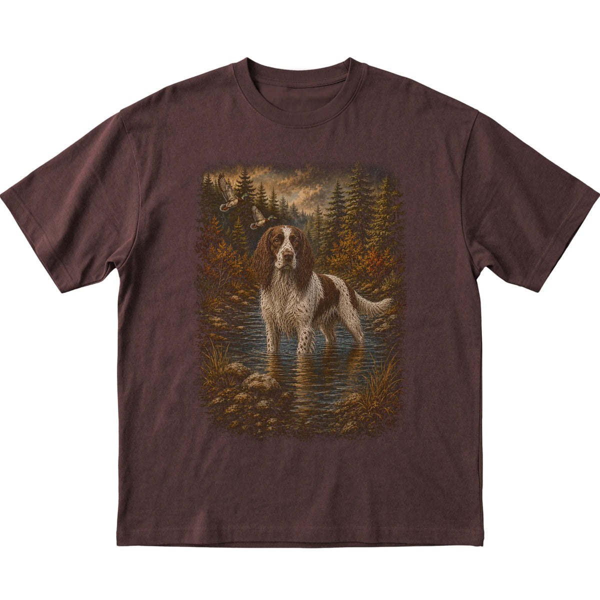 Springer Spaniel Duck Hunting T-Shirt in Dark Chocolate
