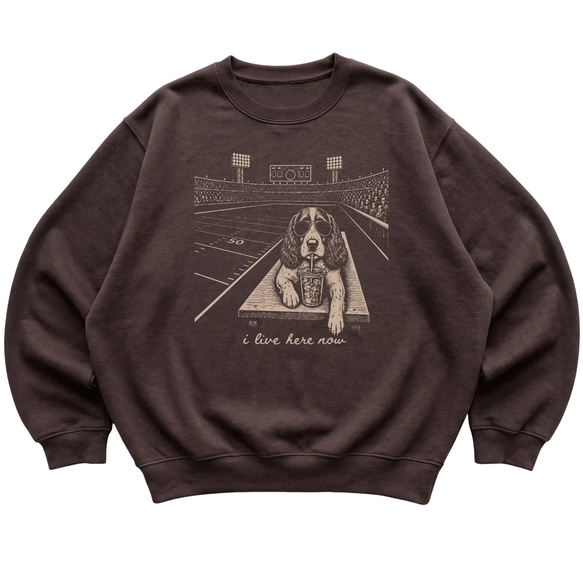 Dark Chocolate Springer Spaniel Football Tailgate sweatshirt, laid flat