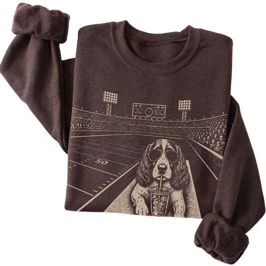 Dark Chocolate Springer Spaniel Football Tailgate sweatshirt, folded