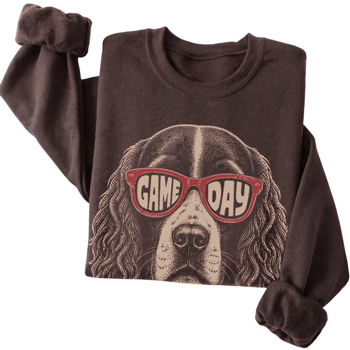 Springer Spaniel Game Day design on a Dark Chocolate sweatshirt, folded view