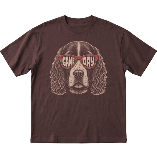 Springer Spaniel Game Day design on a Dark Chocolate t-shirt, flat lay