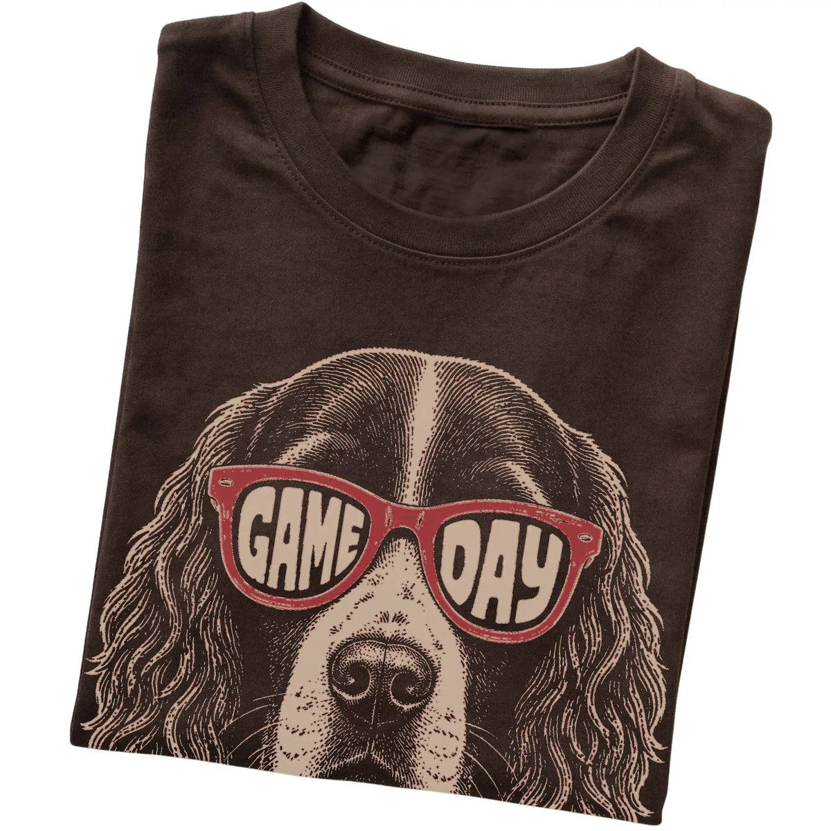Springer Spaniel Game Day design on a Dark Chocolate t-shirt, folded view