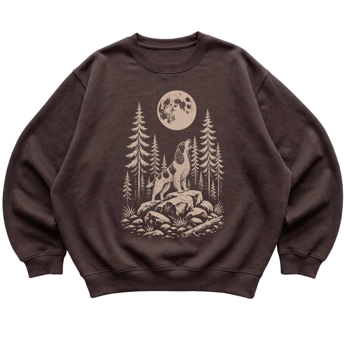 Close view of Springer Spaniel Howling at the Moon artwork on Dark Chocolate crewneck sweatshirt