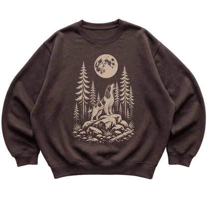 Close view of Springer Spaniel Howling at the Moon artwork on Dark Chocolate crewneck sweatshirt