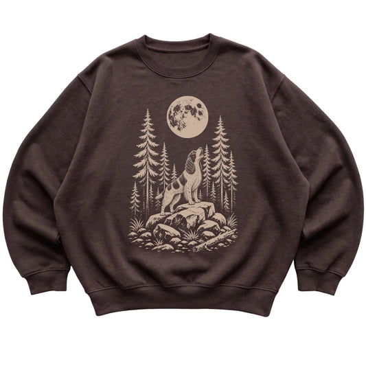 Close view of Springer Spaniel Howling at the Moon artwork on Dark Chocolate crewneck sweatshirt