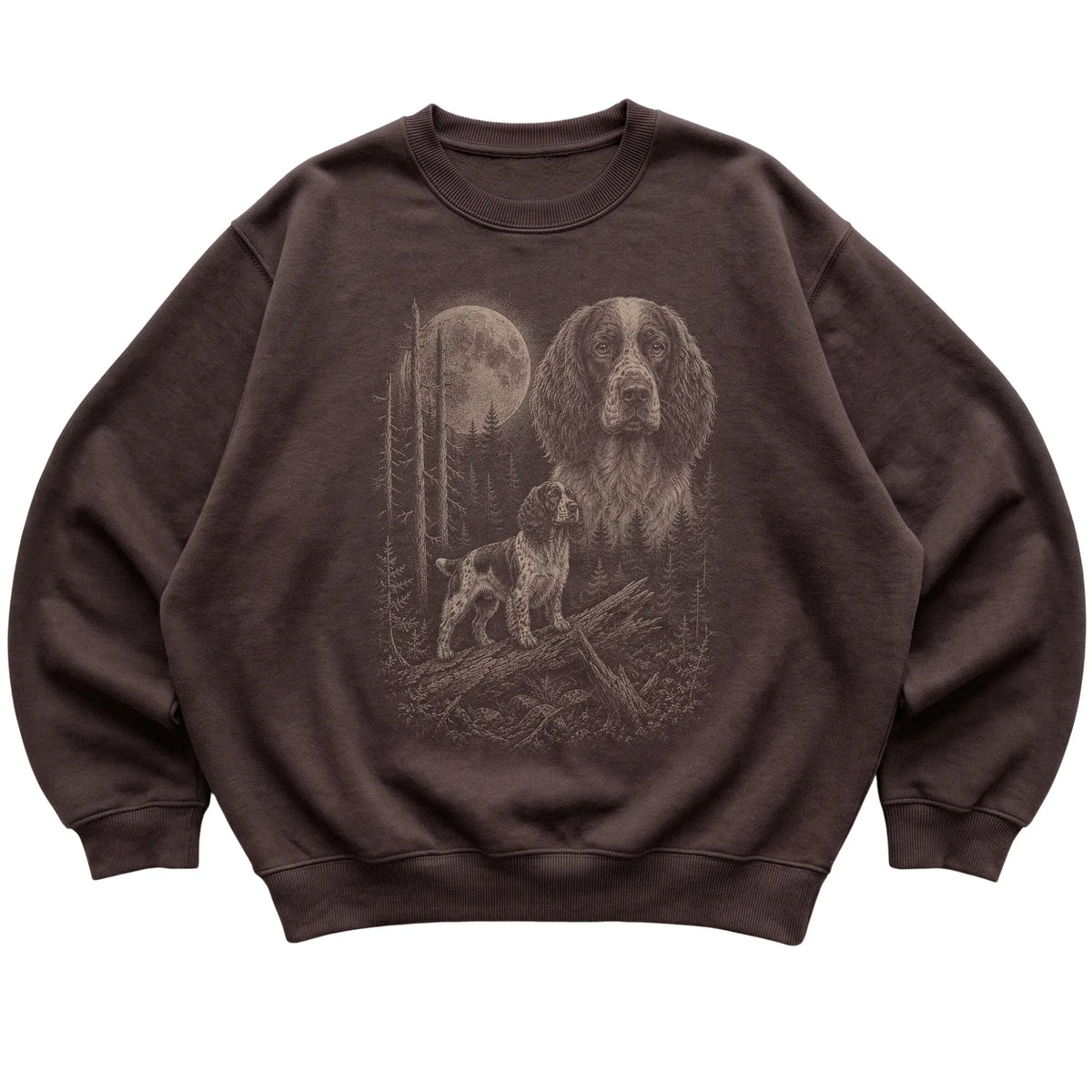 Springer Spaniel Moonlit Forest graphic on a dark chocolate crewneck sweatshirt laid flat