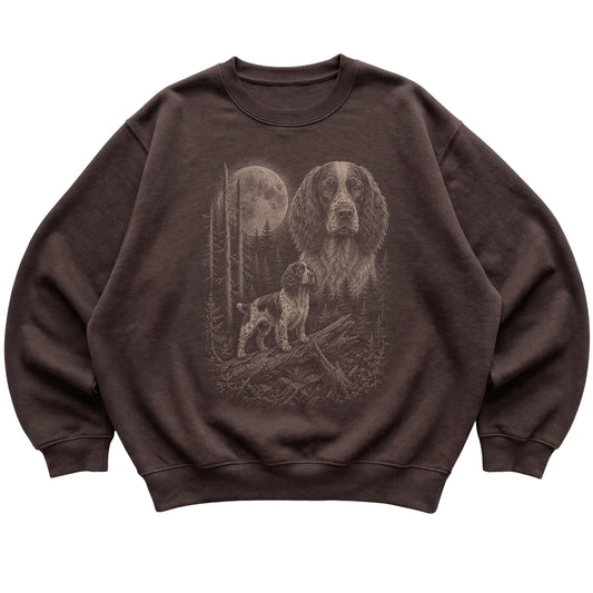 Springer Spaniel Moonlit Forest graphic on a dark chocolate crewneck sweatshirt laid flat
