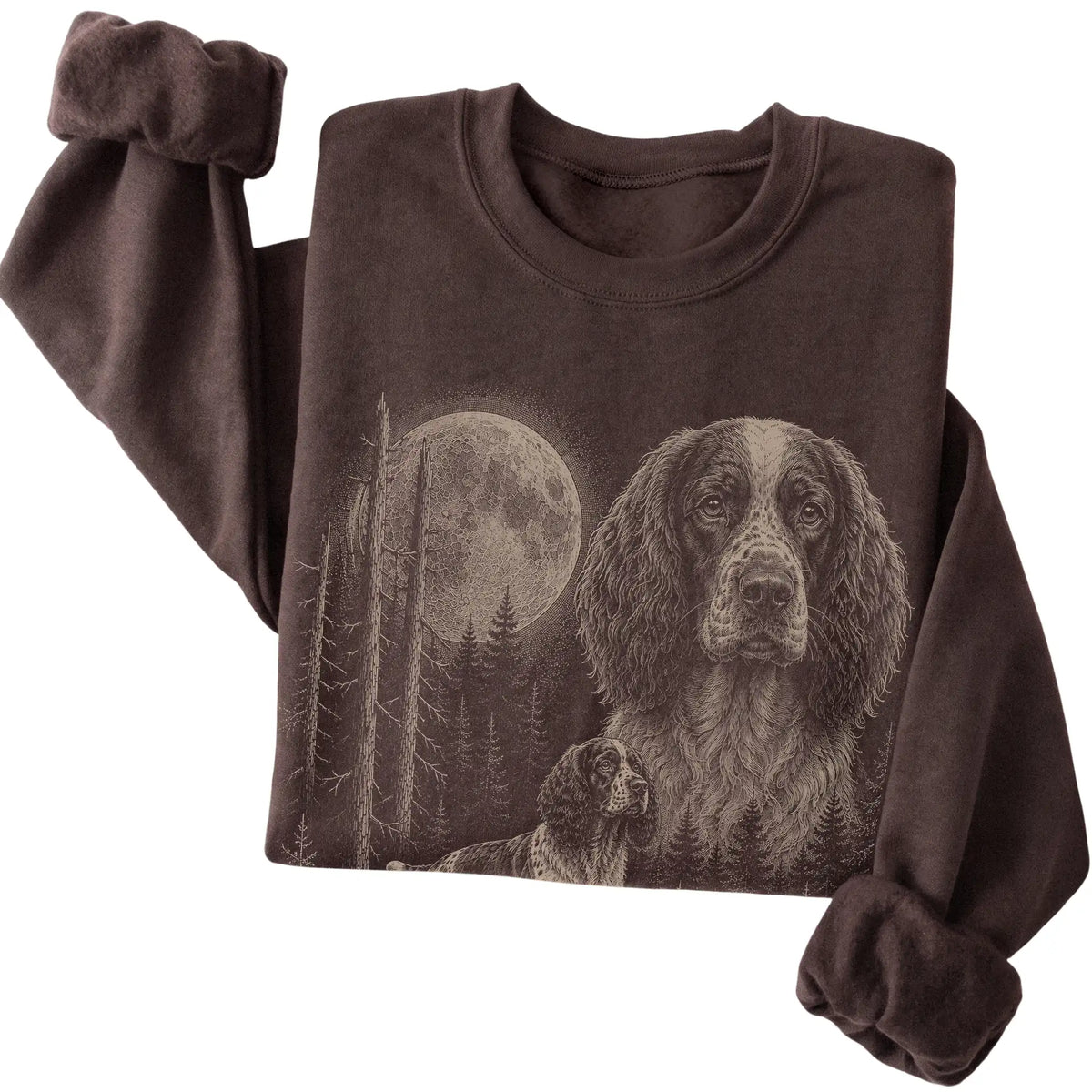 Folded dark chocolate crewneck sweatshirt showing the Springer Spaniel Moonlit Forest graphic