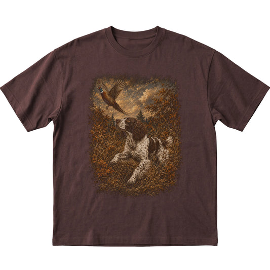 Springer Spaniel Pheasant Hunting T-Shirt in Dark Chocolate
