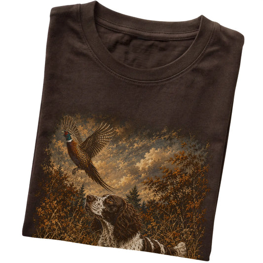 Springer Spaniel Pheasant Hunting T-Shirt in Dark Chocolate