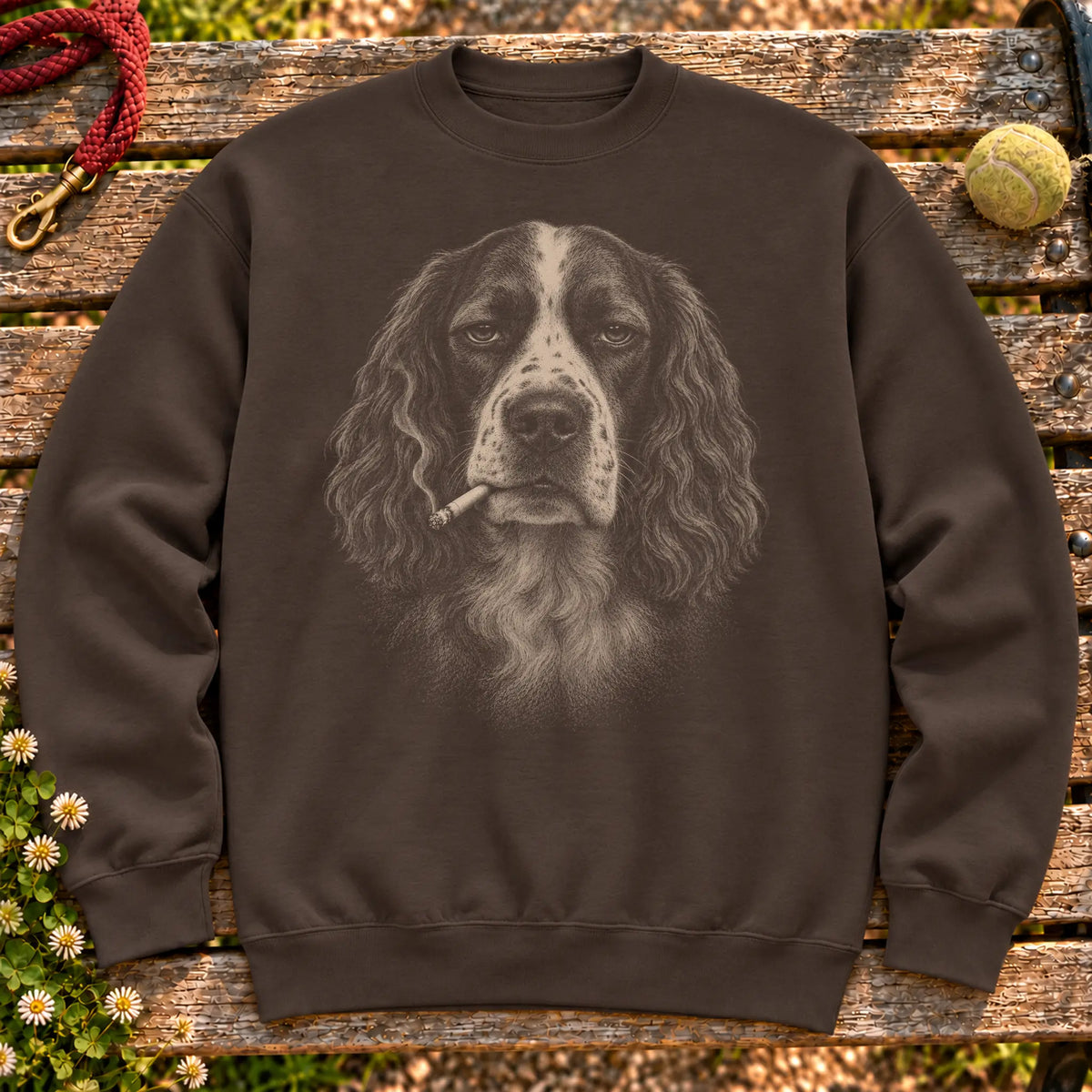 Springer Spaniel smoking design on a Dark Chocolate sweatshirt