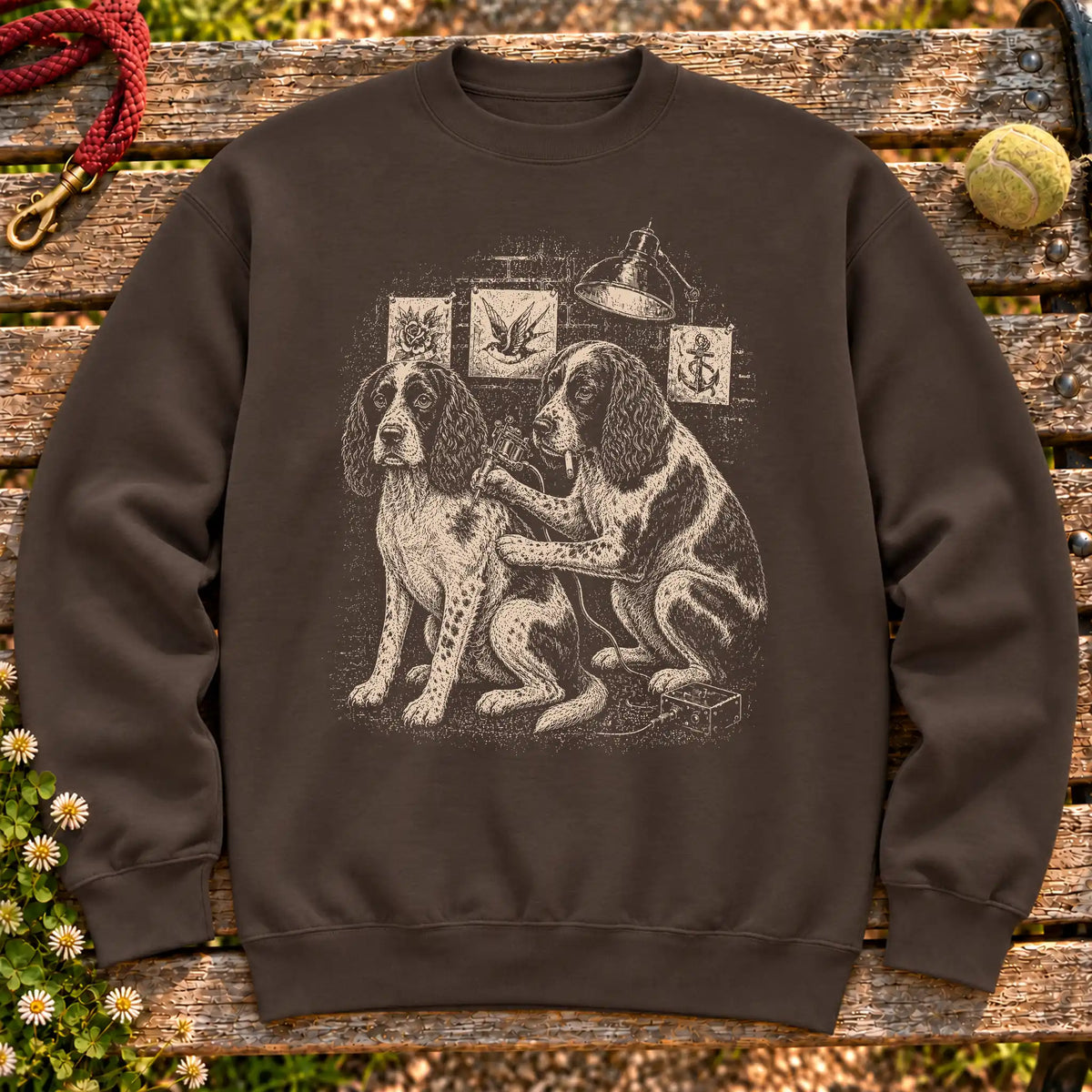 Springer Spaniel Tattoo on a Dark Chocolate crewneck sweatshirt, shown flat