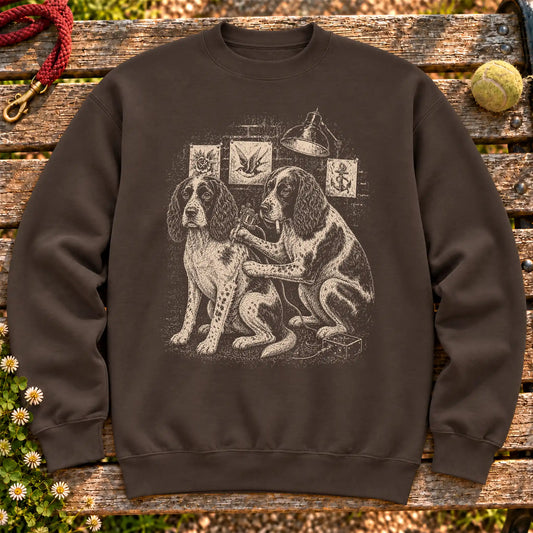 Springer Spaniel Tattoo on a Dark Chocolate crewneck sweatshirt, shown flat