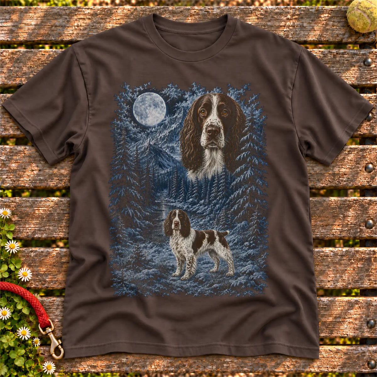 Springer Spaniel Winter Moon design on a Dark Chocolate T-shirt shown flat