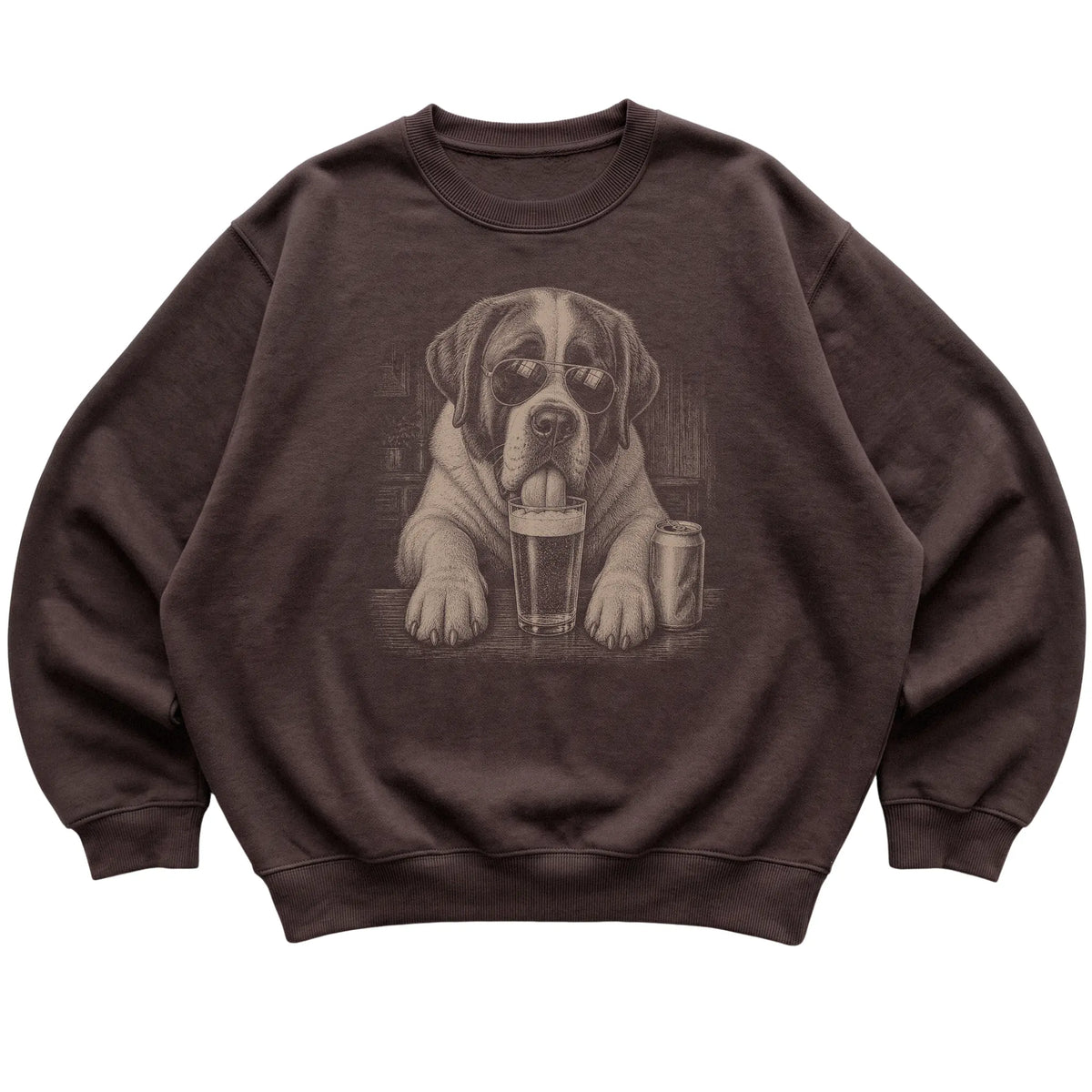 Dark Chocolate St Bernard drinking from a pint at a bar, laid flat