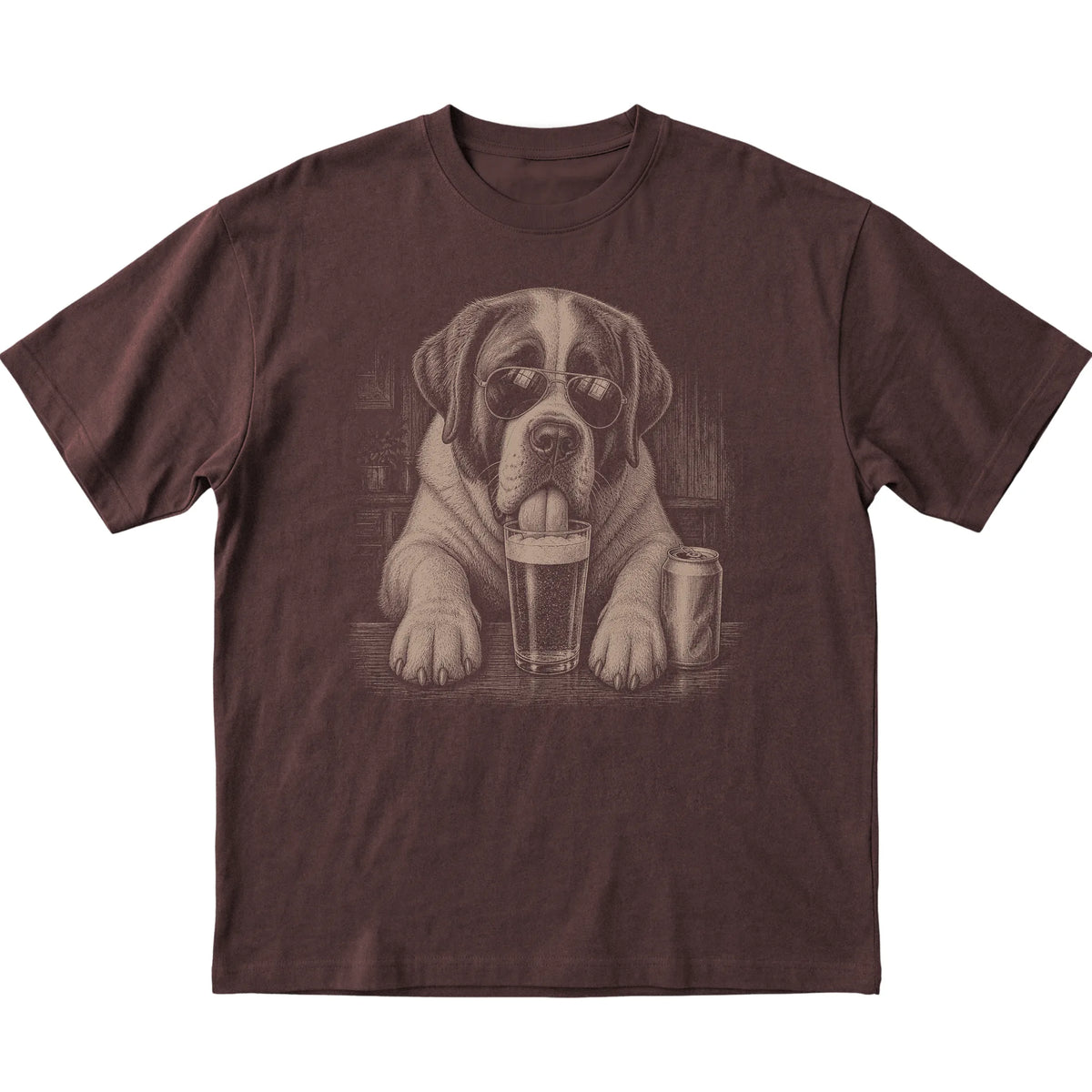 Dark Chocolate St Bernard drinking from a pint at a bar, laid flat