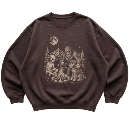 Dark Chocolate Standard Schnauzer Camping with Bigfoot and Alien shirt laid flat