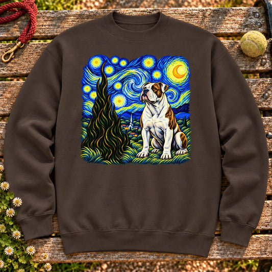 Colorful American Bulldog beneath a swirling starry night sky on a Dark Chocolate sweatshirt