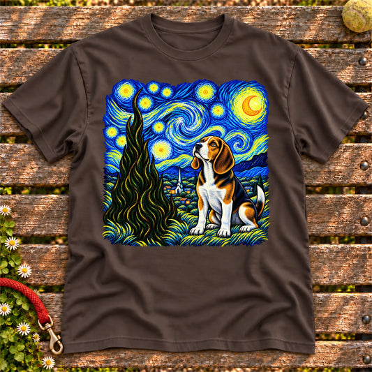 Colorful Beagle beneath a swirling starry night sky on a Dark Chocolate T-shirt