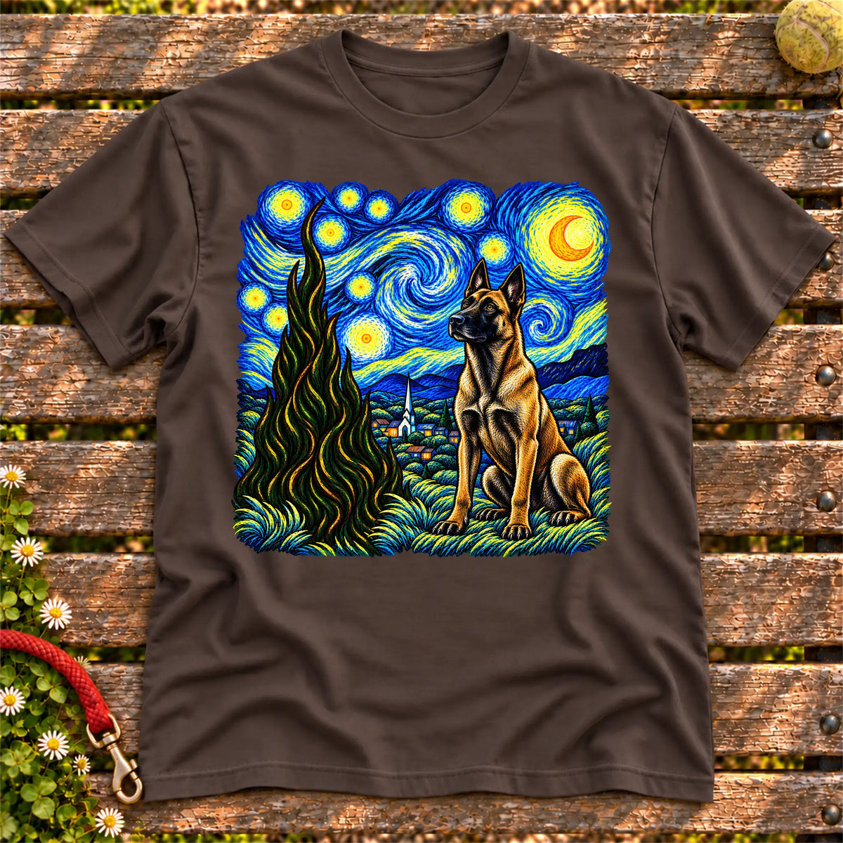 Colorful Belgian Malinois beneath a swirling starry night sky on a Dark Chocolate T-shirt
