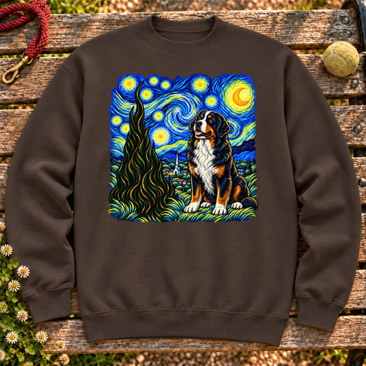 Colorful Bernese Mountain Dog beneath a swirling starry night sky on a Dark Chocolate sweatshirt