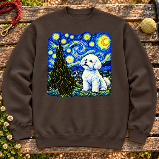 Colorful Bichon Frise beneath a swirling starry night sky on a Dark Chocolate sweatshirt