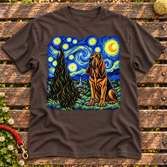 Colorful Bloodhound beneath a swirling starry night sky on a Dark Chocolate T-shirt