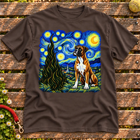 Colorful Boxer beneath a swirling starry night sky on a Dark Chocolate T-shirt
