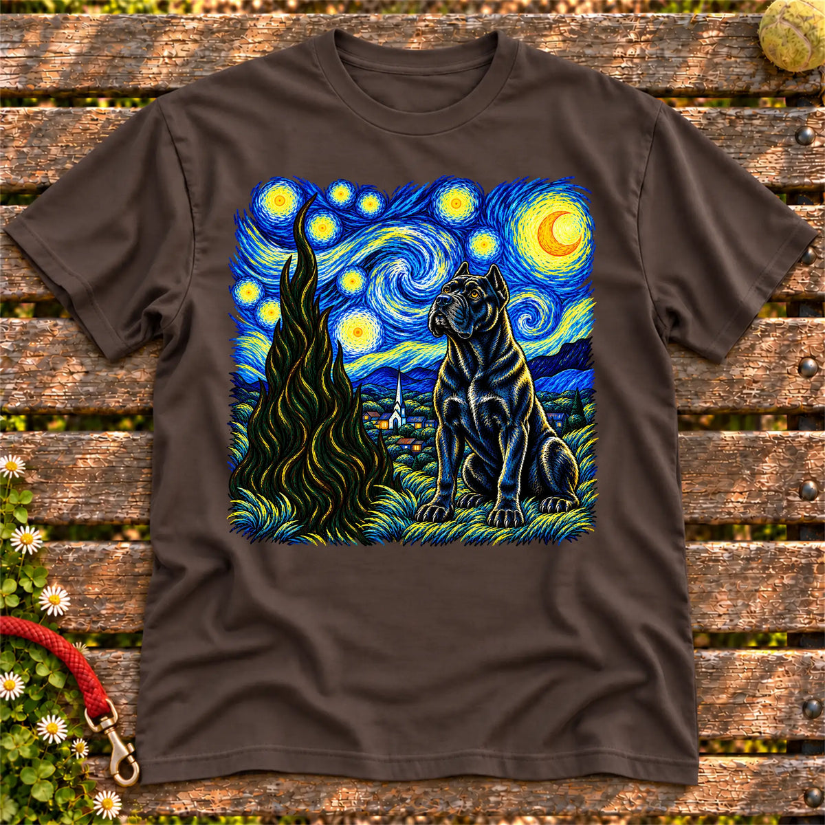Colorful Cane Corso beneath a swirling starry night sky on a Dark Chocolate T-shirt