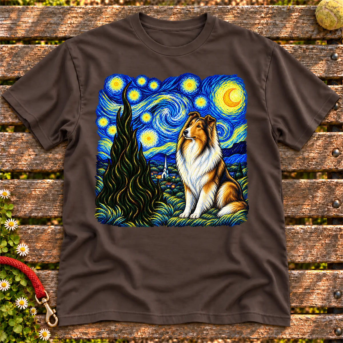 Colorful Collie beneath a swirling starry night sky on a Dark Chocolate T-shirt
