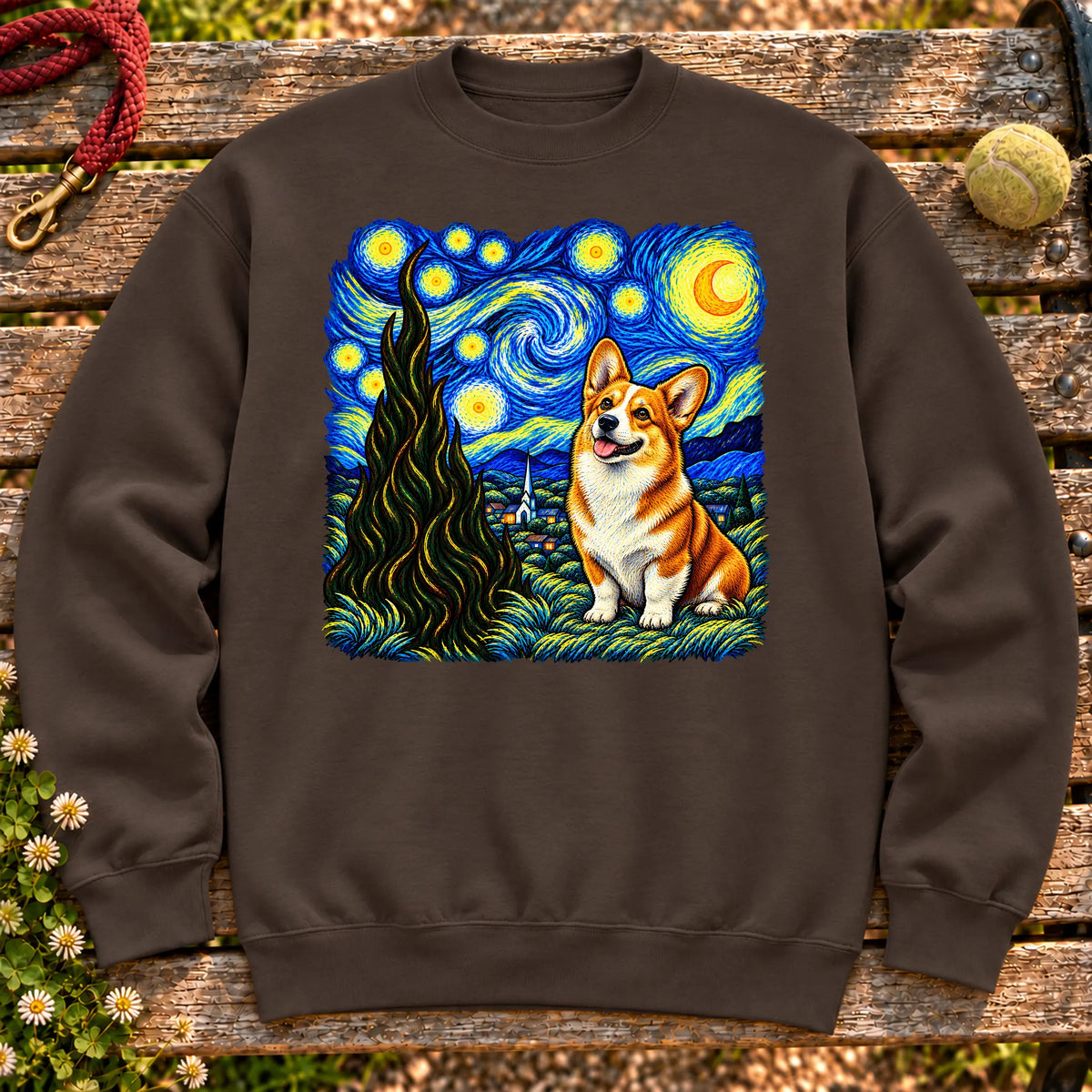 Colorful Corgi beneath a swirling starry night sky on a Dark Chocolate sweatshirt