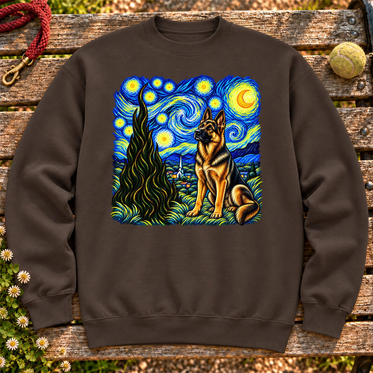 Colorful German Shepherd beneath a swirling starry night sky on a Dark Chocolate sweatshirt