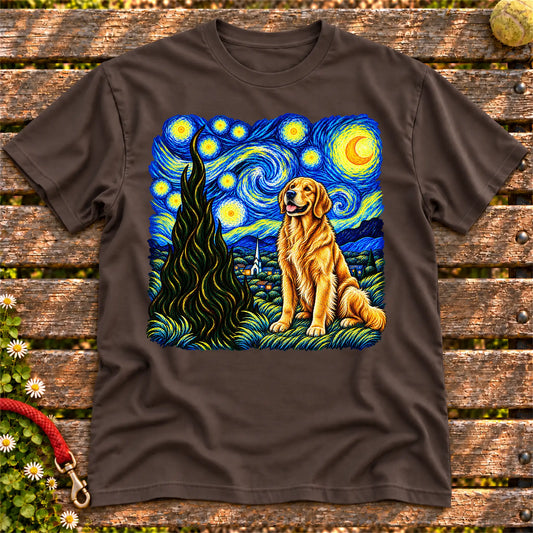 Colorful Golden Retriever beneath a swirling starry night sky on a Dark Chocolate T-shirt