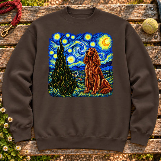 Colorful Irish Setter beneath a swirling starry night sky on a Dark Chocolate sweatshirt