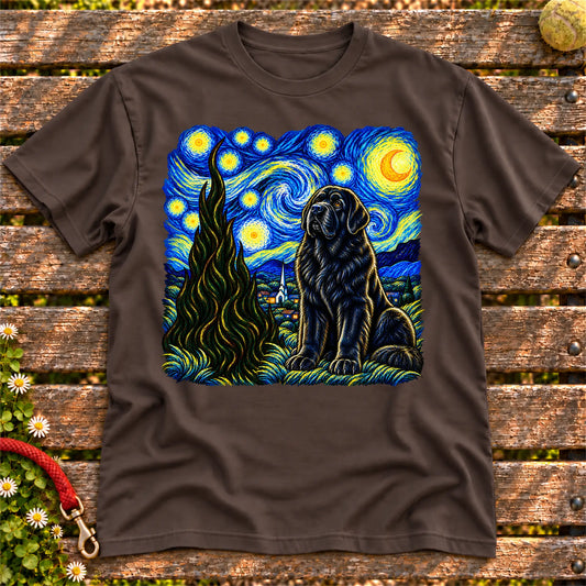 Colorful Newfie beneath a swirling starry night sky on a Dark Chocolate T-shirt