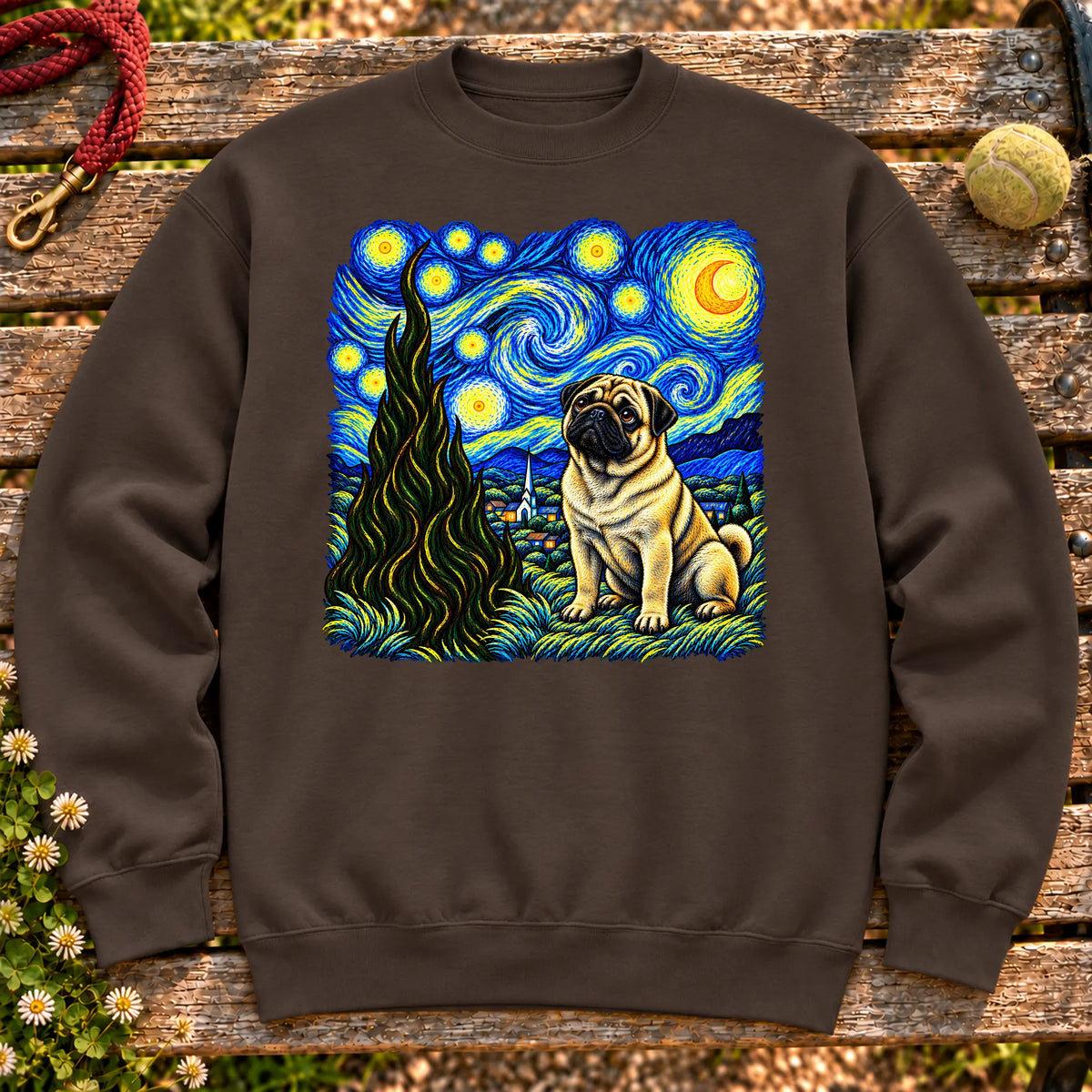 Colorful Pug beneath a swirling starry night sky on a Dark Chocolate sweatshirt