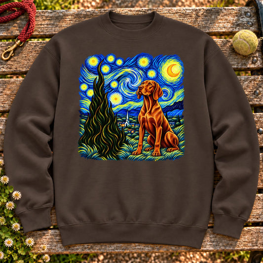 Colorful Vizsla beneath a swirling starry night sky on a Dark Chocolate sweatshirt